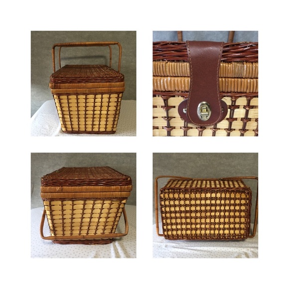 VINTAGE Old School Picnic Basket With Dishes & blue handle silverware EUC - Picture 10 of 10